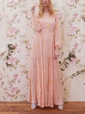 For love and Lemons Pink Metallic Gold Star Maxi Dress Long Silk Dress Cocktail